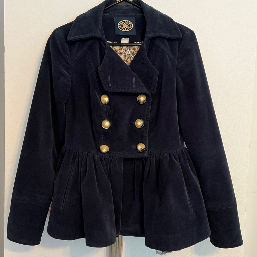 Anthropologie Idra Velvet Jacket Peplum style Navy Blue size 2